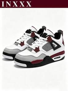 Men's White Wine Red Air Cushion Trainers, AJ4 Style Non-Slip Mid Tops For Sports & Long-Time Walking - 大巴黎 - 查看 4