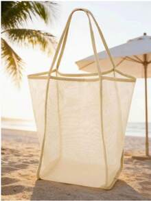 1/2 Pcs Large Capacity Mesh Beach Tote Bag - Durable Polyester, Solid Color With Sturdy Handle, Suitable For Travel, Beach, Vacation And Camping, Beach Tote Bag, Multi-Functional Storage Solution, Sturdy Handle Design - Multicolor - View 5