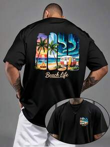 Men's Vintage Graphic T-Shirts, 1 Piece, Graffiti Design, Casual Men's T-Shirt, Summer Outdoor Wear, Machine Washable, Summer Tops - Black - View 1