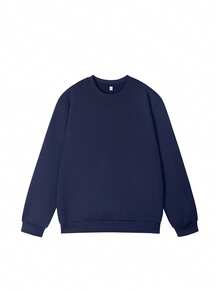 Women's Navy Blue Loose Crew Neck Sweatshirt, Solid Color Long Sleeve Comfortable Pullover, Autumn Women's Clothing, Winter Women's Clothing - Navy Blue - View 8