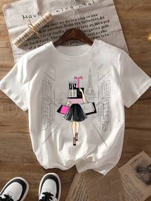 2026 Blouses For Women2026 Blouses For Women2026 Blouses For WomenChic Shopping Graphic T-Shirt For Women - Parisian Style Design Featuring The Eiffel Tower And Fashionable Illustrations, Pe - 白色 - 查看 2