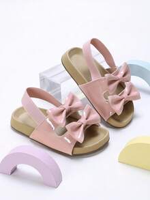 1 Pair New Summer Girls' Pink Double Bow Sandals, Princess Style Elastic Slip-On Kids Sandals, Cute & Fashionable Versatile Vacation Sandals, Suitable For Beach, Seaside, Shopping - Pink - View 5