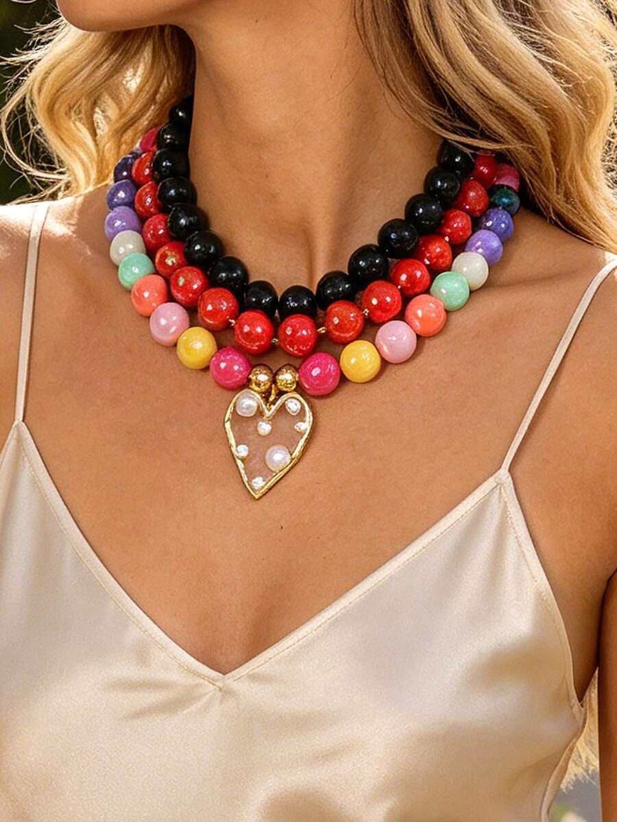 1pc Bohemian Flirty Style Creative Fashion Elegant Exquisite Luxurious Sweet High-Quality Dopamine Color Resin Beaded Heart Pendant Necklace Women Sisters Couples Prom/Graduation Jewelry Gift, Suitable For Daily Wear, Dating, Party, Holiday, Summer Beach Vacation - Multicolor - View 1