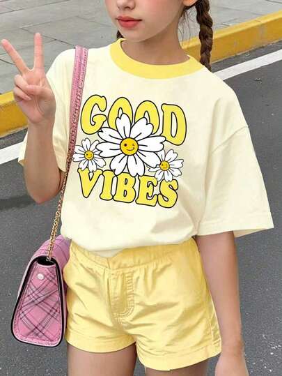 Young Girl Letter Print Short Sleeve T-Shirt And Shorts Set