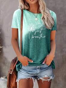 Dandelion Print T-Shirt With The Phrase "Just Breathe", Casual Short Sleeve Top With Round Neck, Women's Clothing - 墨綠色 - 查看 1