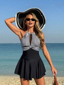 jianchaimaoyi02 Swim Lushoire Vestido de playa sin mangas con tirantes, de estilo de patchwork a rayas y de unicolor, adecuado para vacaciones de ver - Rojo y blanco - Ver 2