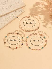 3pcs/Set French Luxury Style Colorful Rhinestone Star Layered Bracelet Set, Fashionable Oval Colorful Rhinestone Hollow Five-Pointed Star Decor Gold Women's Hand Accessory, Suitable For Daily Wear, Summer Vacation, Date, Party, Music Festival, Handmade Chain Cut By Length, Colorful Rhinestone Color Is Random - Multicolor - View 4