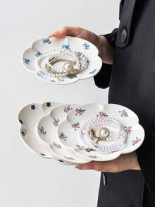 1 pieza/4 piezas Platos de cerámica con estampado floral multicolor, platos de 6 pulgadas con borde floral pintado a mano estilo Ins, plato para joyas, plato para postres, plato para aperitivos, plato para pasteles, bandeja, plato multiusos, regalo para amigos - Multicolor - Ver 2