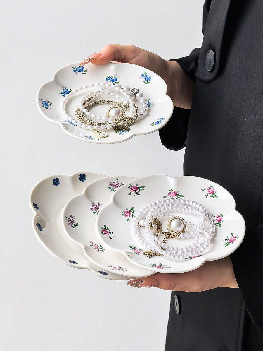 1 pieza/4 piezas Platos de cerámica con estampado floral multicolor, platos de 6 pulgadas con borde floral pintado a mano estilo Ins, plato para joyas, plato para postres, plato para aperitivos, plato para pasteles, bandeja, plato multiusos, regalo para amigos