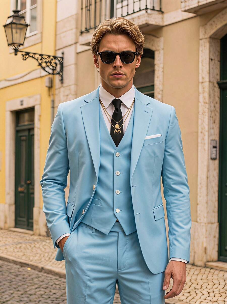 3pcs/Set Men's Fashion Slim Fit Stretchy Business Suit, Include Blazer, Vest, Pants, Work Formal Wear Tuxedo - Baby Blue - View 1