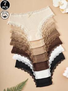 7pcs/Pack Women's Floral Contrast Color Lace Trim 100% Cotton Panties - Multicolor - View 1