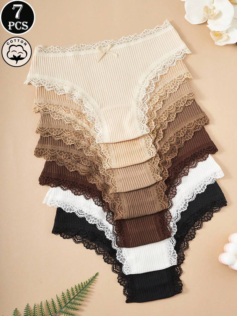 7pcs/Pack Women's Floral Contrast Color Lace Trim 100% Cotton Panties - Multicolor - View 1