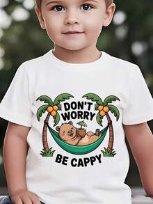 Fashionable Short-Sleeved T-Shirt For Children In Summer With The Print "DON'T WORRY BE CAPPY" And A Cartoon Capybara Lying In A Green Hammock Among Coconut Trees, Casual Top For E - 紅色 - 查看 7