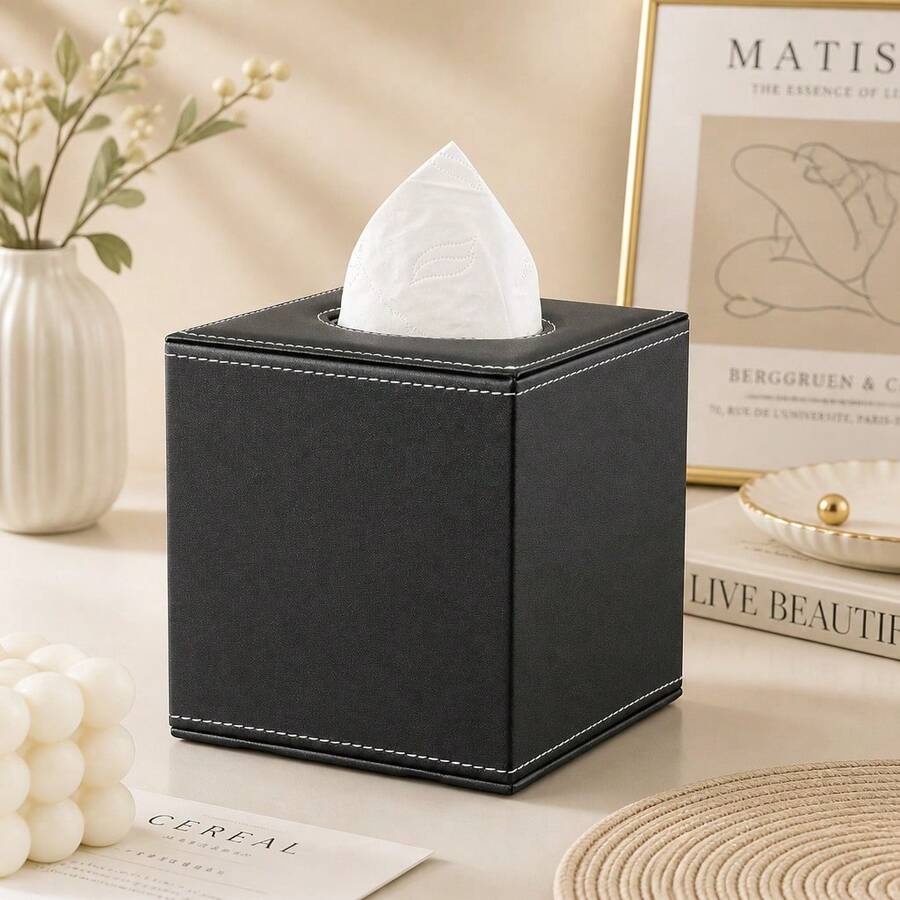 黑色 PU 皮革方形纸巾盒盖架适用于厨房和浴室,纸巾分配器家居浴室装饰浴室收纳秋季装饰返校 - 黑色 - 查看 1