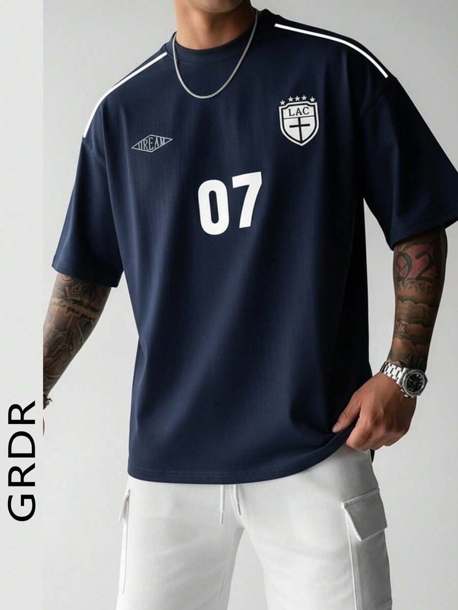 GRDR Men's Summer Fashion Graphic Number Print Short Sleeve T-Shirt, Suitable For Daily Commute And Exercise. - Grey - View 1