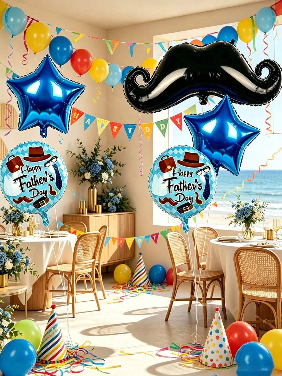 Un juego de 7 globos con temática de bigote para el Día del Padre, ideal para celebraciones del Día del Padre, decoraciones de cenas familiares, decoración de la sala de estar, decoraciones de la mesa del comedor y decoraciones de fiestas sorpresa - Set de globos con forma de barba para el Día del Padre - Ver 1