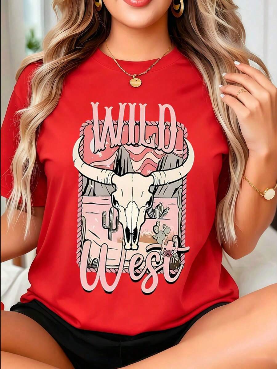 Women's Wild West Bull Skull Graphic T-Shirt, Western Casual Style, Desert Landscape Print, Short Sleeve, Casual Blouses For Ladies - 紅色 - 查看 1