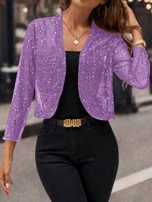 Women's Glitter Sequin Cardigan Jacket, Pleated Fabric With Gold Foil, 3/4 Sleeves, Business Casual For Women - 紫色 - 查看 3