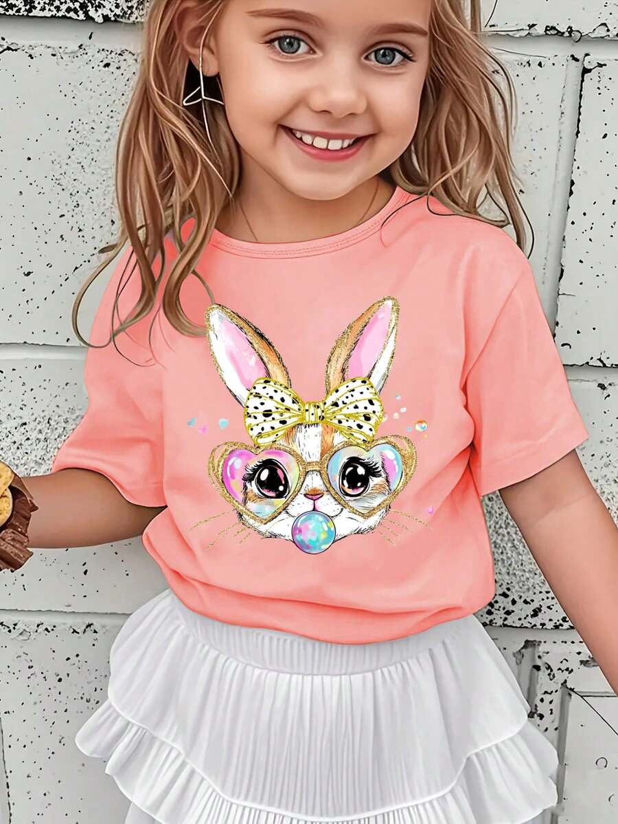 Girls' Short-Sleeved T-Shirt, Spring-Summer Style, With Easter Cartoon Print: Bow, Rabbit, Heart, Colorful Glasses And Bubbles, Versatile Casual Top NY-DX5438 - 軍綠色 - 查看 1