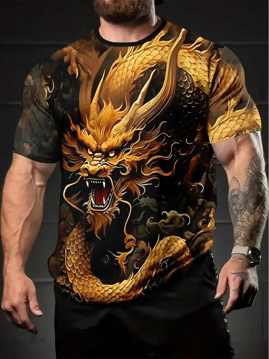 Men's Short-Sleeved T-Shirt, Size, With 3D Digital Dragon Print, Round Neck, Loose Fit, Casual, For Summer. - Hitam dan Putih - View 1