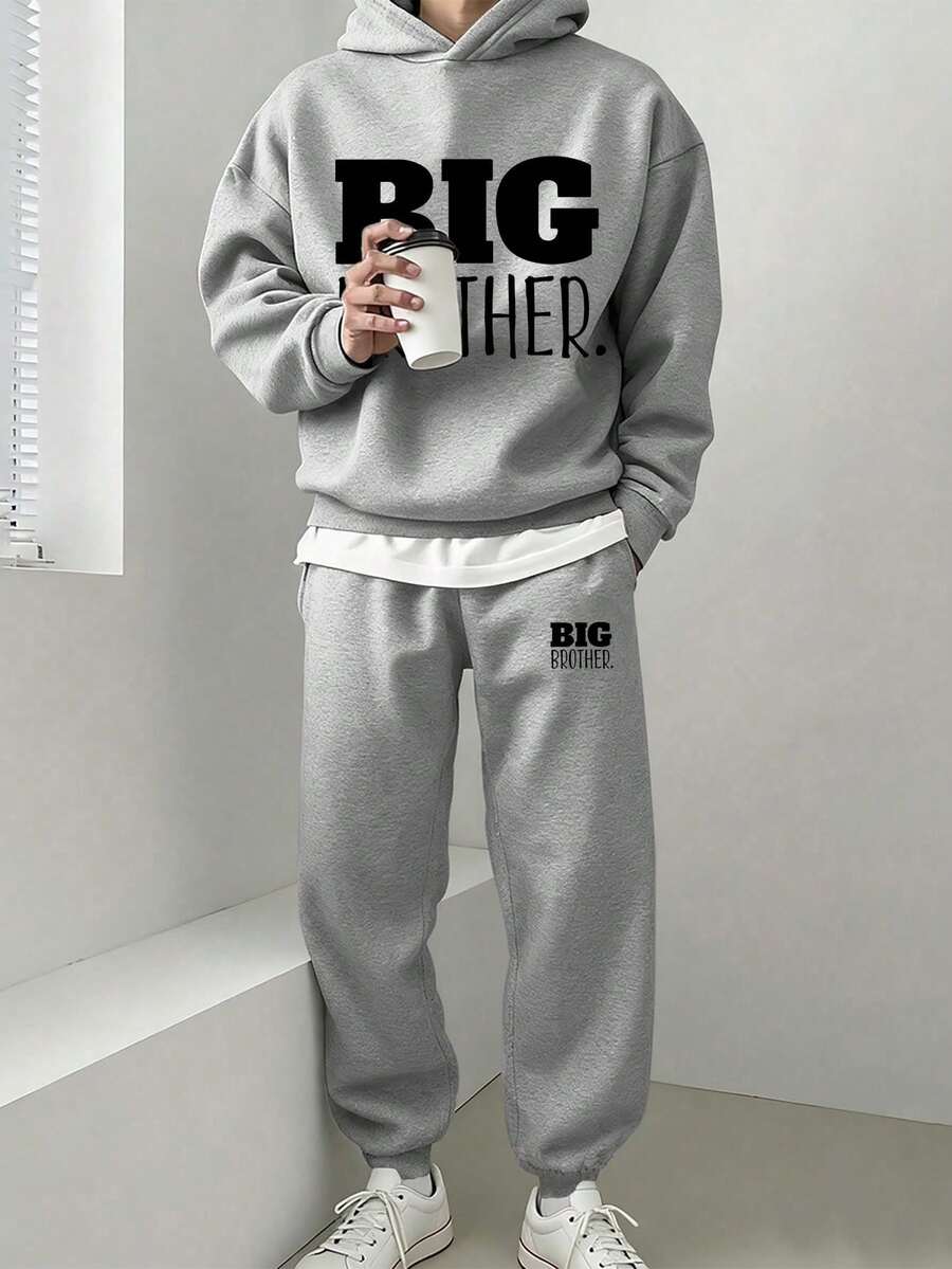 Youth Boy Letter Print Warm Hoodie And Pants Set - Grey - View 1