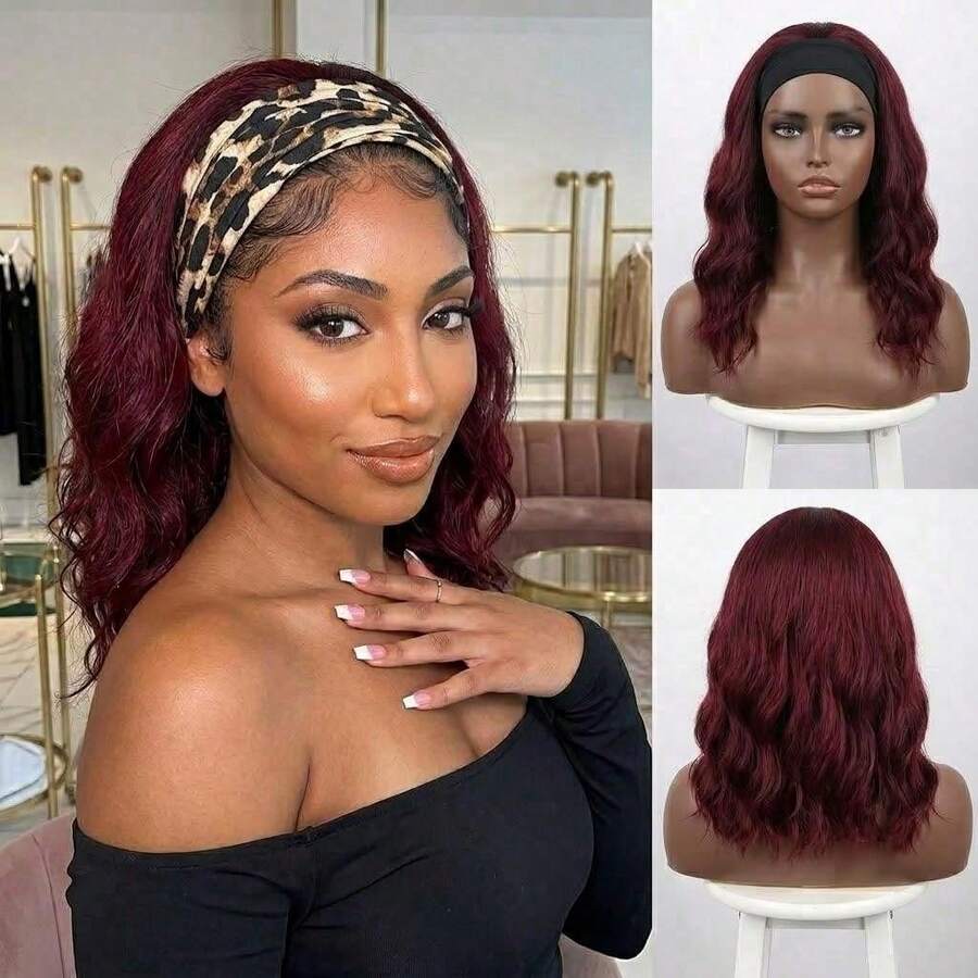 Leopard Print Headband Wig, Short Water Wave Bob, Synthetic Fiber Glue-Free Half Wig, Ready To Wear, Headband Wig For Daily Wear, Heat Resistant Hair