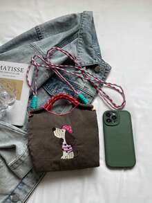 Ins療癒系卡通小狗刺繡小包，輕量可水洗布料，多色可選，女款通勤旅行便攜斜挎包，附可拆卸肩帶手提包 - 彩色 - 查看 9