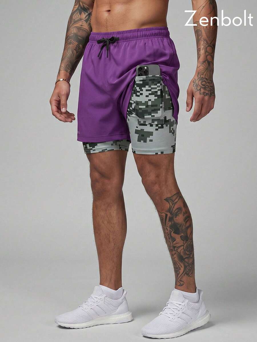 Zenbolt Men's 2-In-1 Elastic Waist Shorts,Camo Liner Inside, Side Letter Print Gym Clothes Men, Adjustable Drawstring For Daily Casual Matching - Purple - View 1