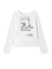 Korean Style Distressed Butterfly Print Slim Fit Long Sleeve Base Layer Top For Women Casual White - White - View 4