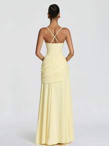 Elegant Women's Casual Party Dresses, Solid Color Strapless Sleeveless Fitted Waist Full Skirt European American Style Prom Dress - 黃色 - 查看 8