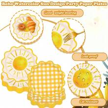 10/20/40pcs 9 Inch Bohemian Sun Paper Plates, Scalloped Edge, Yellow Plaid Pattern, Disposable Dessert Plates For Birthday Party, Baby Shower Party Supplies - Sun - View 5