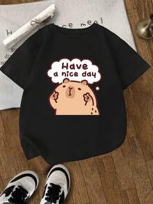 [Guan Yi Shu Selection]Capybara And Pufferfish Print T-Shirt|Short Sleeve Sports T-Shirt For Boys And Girls Ages 4-13 | Casual Printed T-Shirt For Kids - 黑色 - 查看 1