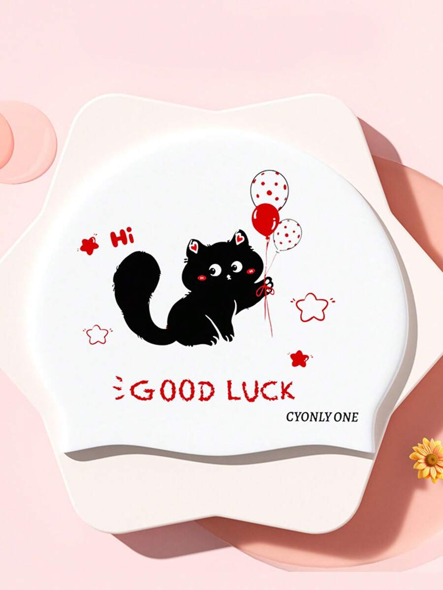 1pc Women's Plus Size Cat Silicone Swim Cap, Waterproof Ear Protection Swimming Cap For Long Hair, Fashionable Comfortable Non-Tight Fit - Multicolor - View 1