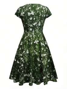 Midi Dress With Pocket And V-Neck, Elegant Floral Print For Spring, Summer And Autumn - 綠色的 - 查看 2