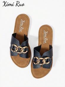 Ximi Ruo Sandalias planas casuales para mujer, estilo romano trenzado, de punta abierta, adecuadas para primavera, verano, playa, vacaciones, a juego con vestidos - Azul Marino - Ver 1