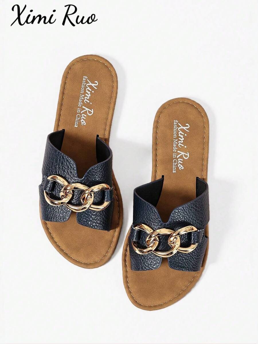 Ximi Ruo Sandalias planas casuales para mujer, estilo romano trenzado, de punta abierta, adecuadas para primavera, verano, playa, vacaciones, a juego con vestidos - Azul Marino - Ver 1
