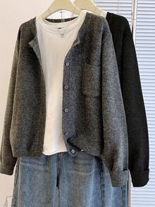 Plus Size Women's Elegant Solid Color Knit Cardigan With Pockets, Casual Slouchy Comfortable Autumn/Winter Knit Outerwear Fall - Grey - View 1