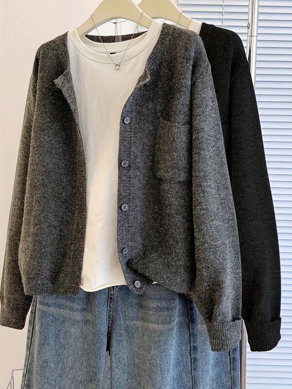 Plus Size Women's Elegant Solid Color Knit Cardigan With Pockets, Casual Slouchy Comfortable Autumn/Winter Knit Outerwear Fall