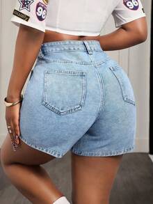 Women's Summer Slant Pocket Detail Denim Shorts - Azul lavado medio - Ver 3