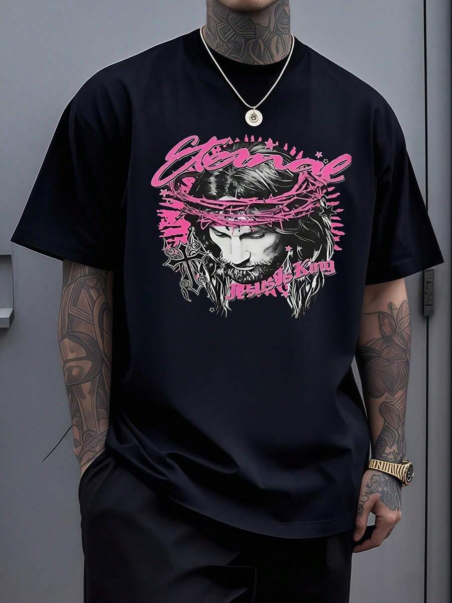 Ilustración artística de Jesús con de espinas en tonos rosados que transmite fuerza fe y esperanza camiseta de hombre 220g de alta calidad para uso diario y expresión personal - Negro - Ver 1