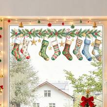 1 pieza Pegatina de ventana con temática navideña que presenta calcetines navideños, ramas de pino, bayas rojas y estrellas; una calcomanía decorativa autoadhesiva con un hermoso patrón, adecuada para superficies lisas como ventanas de tiendas y vidrio interior-Feliz Navidad. - Ver 5