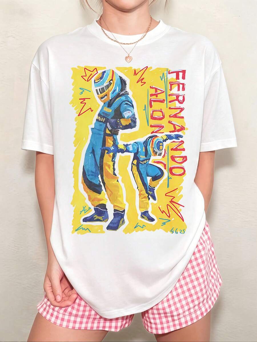 White T-Shirt With Fernando Alonso F1 Driver Double Illustration On A Yellow Graffiti Background, Unisex. - 白色 - 查看 1