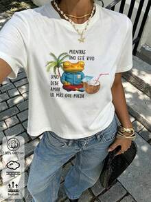 夏季新款圓領 DTMF 圖案修身正肩 T-shirt，度假旅行沙灘穿搭 - 白色9 - 查看 6