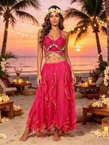 Belly Dance Sequin Coin Mesh Halter Crop Top, Gold Trim Flowy Chiffon Maxi Skirt For Beach Vacation & Stage Performance - Multicolor - View 8