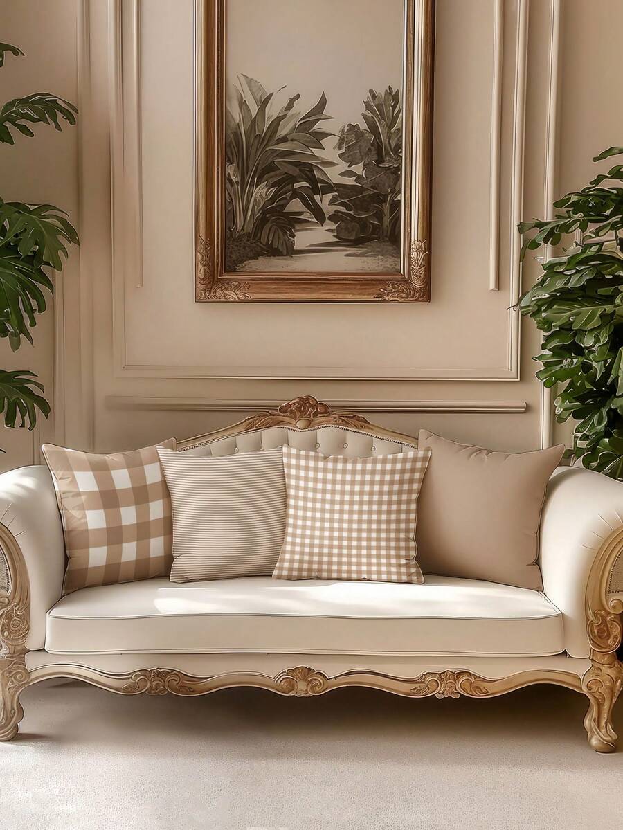 4pcs, Plaid Striped Solid Color Pillow Covers, Fresh Versatile Home Decor Pillow Covers, Best-Selling Style, Decorative Pillow Covers For Sofa Living Room Bedroom, No Pillow Insert - Camel - View 1