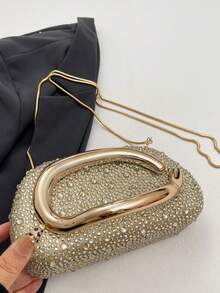 Women's Rhinestone Rounded Rectangular Evening Clutch, Front Curved Oval Handle Handbag, Fashion Crossbody Bag, Suitable For Wedding, Ball, Valentine's Day Party - Gold - View 5