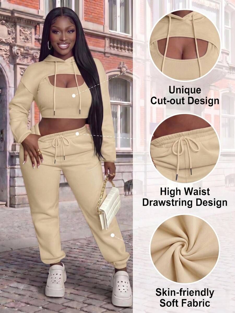CALEBGAR Women's 3 Piece Lightweight Lounge Set Crop Hoodie Tank Top And Jogger Pants - Apricot - View 1