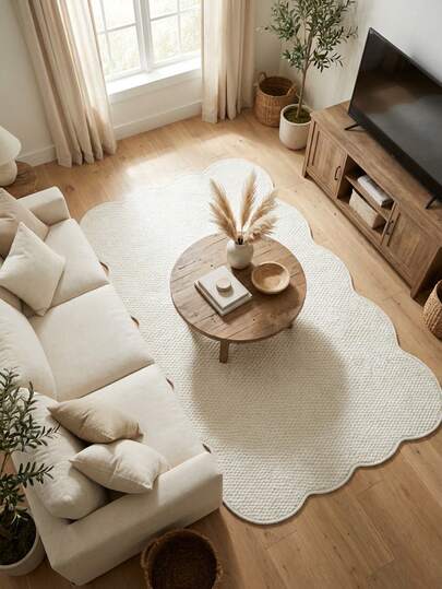 1pc White Wavy Edge Faux Jute Decorative Rug, Living Room Carpet, Woven Texture, Pet-Friendly, Wear-Resistant, Stain-Resistant, Scratch-Resistant, Multiple Sizes Available, Durable, Non-Slip, Easy To Clean, Housewarming Gift, Holiday Gift, Suitable For Entryway, Living Room, Dining Room, Bedroom, Bathroom, Study, Laundry Room, Balcony, Tea Room, Bay Window, Tatami Mat And Other Decoration