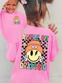 Camiseta de manga corta para chicas, estilo veraniego, con estampado de cuadros, estampado de doble cara con la frase "A LITTLE BIT DRAMATIC", top casual y versátil NYDX5507 - Rojo - Ver 7