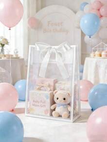 1/3/5pcs Transparent Gift Bags, White Trim With Satin Bow, Reusable Clear PVC Tote Bags, Suitable For Weddings, Bridal Showers, Birthday Gift Packaging, Also Suitable For Boutique Flower Display - Multicolor - View 3